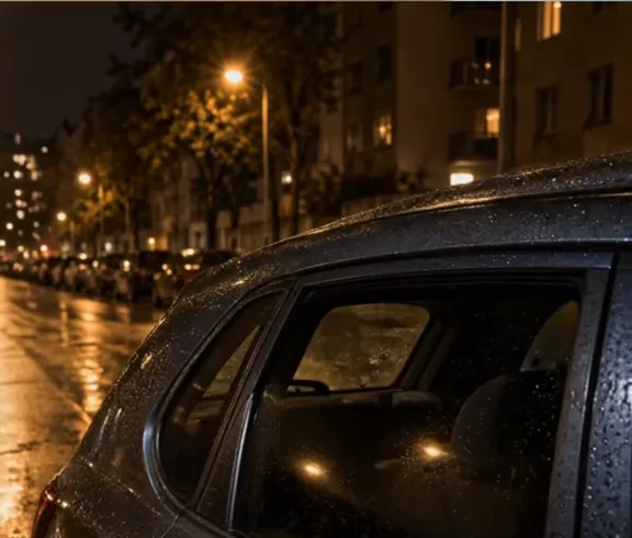 Vetri posteriori di un'auto di notte, sotto la pioggia